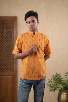 Yellow Striped - Chinese Collar - Short Sleeve Shirt