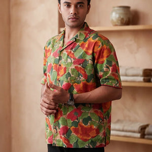 Khakhi Colour - Floral - Cuban Collar - Short Sleeve Shirt