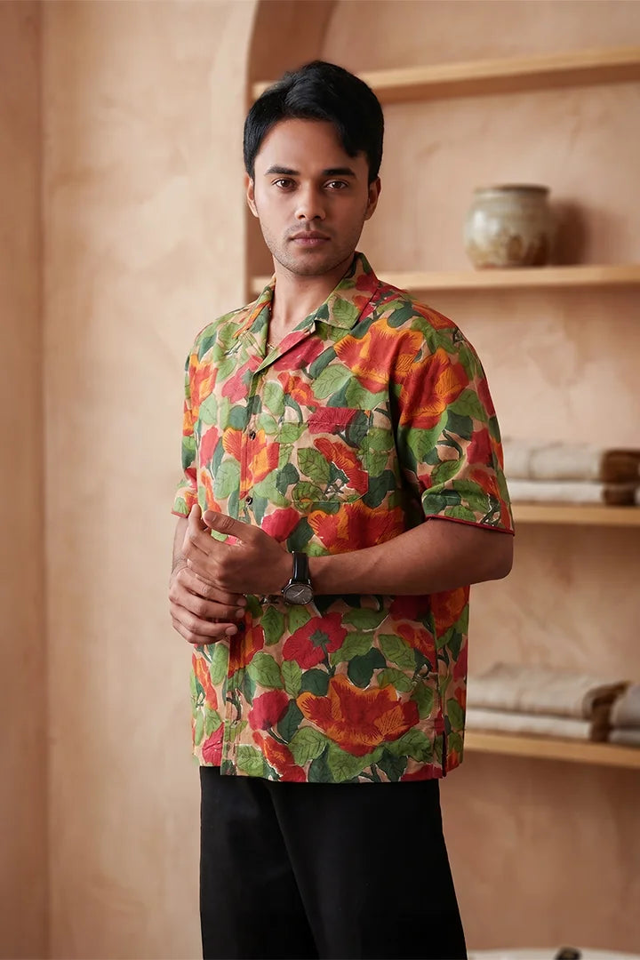 Khakhi Colour - Floral - Cuban Collar - Short Sleeve Shirt