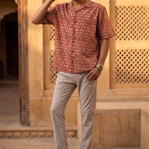 Dark Red - Floral Pattern - Cuban Collar - Short Sleeve Shirt