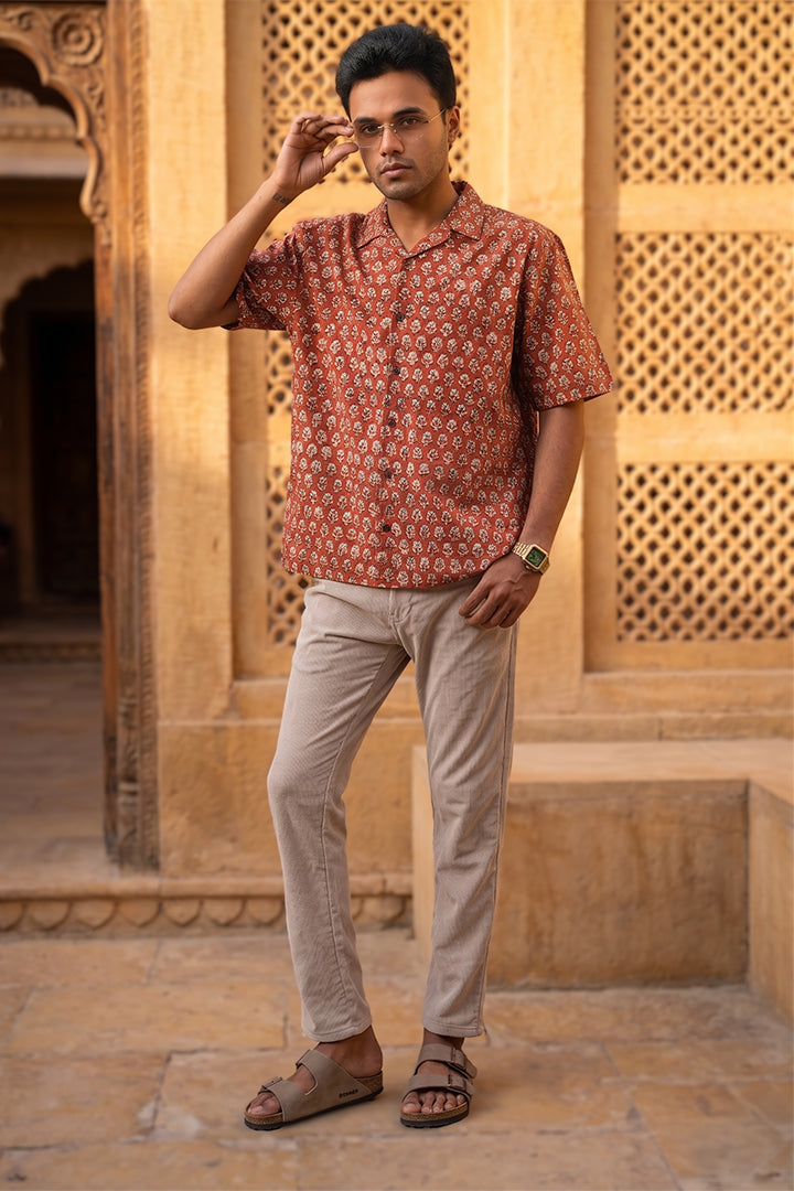 Dark Red - Floral Pattern - Cuban Collar - Short Sleeve Shirt