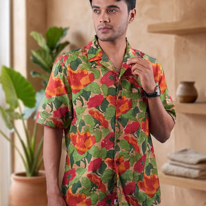 Khakhi Colour - Floral - Cuban Collar - Short Sleeve Shirt