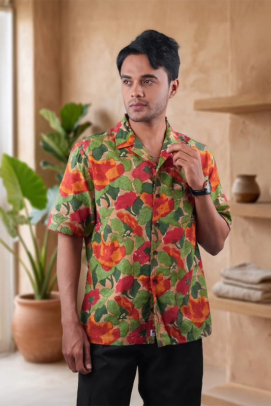 Khakhi Colour - Floral - Cuban Collar - Short Sleeve Shirt