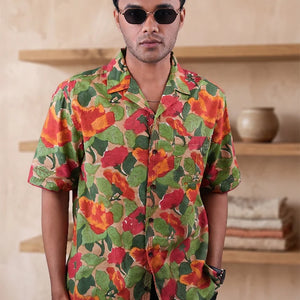 Khakhi Colour - Floral - Cuban Collar - Short Sleeve Shirt