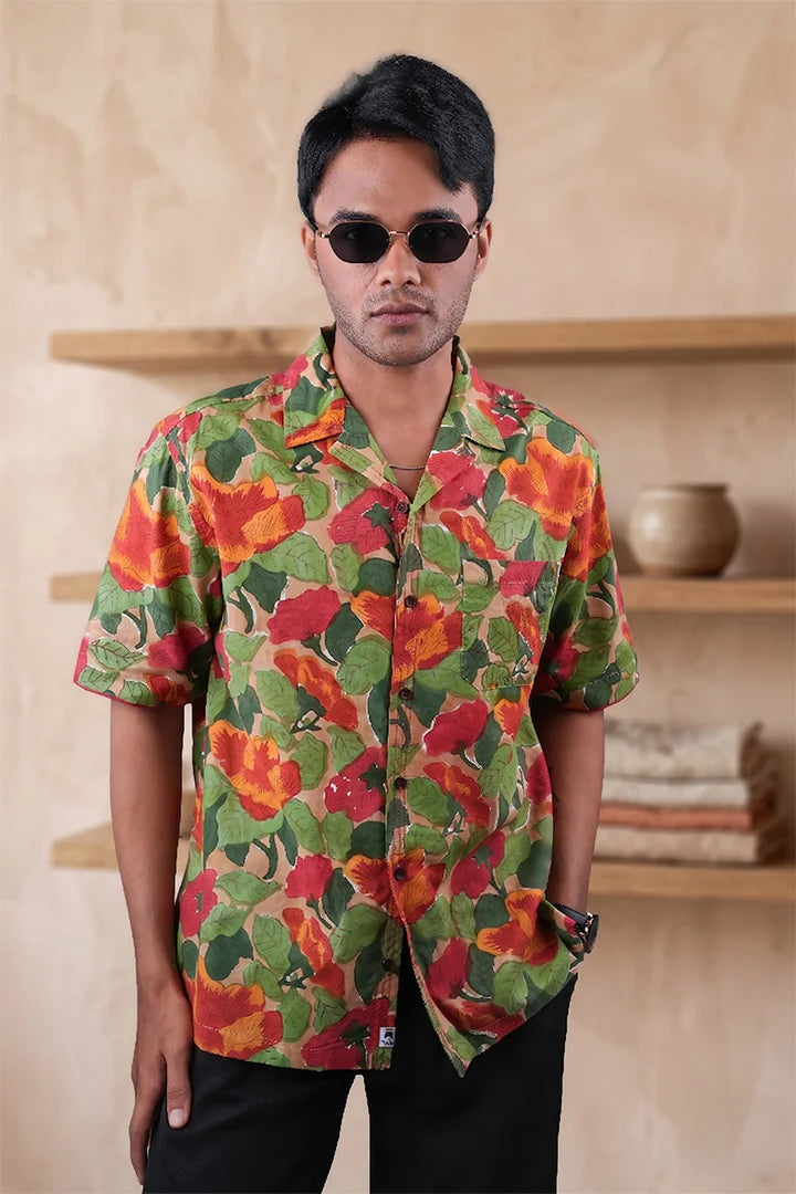 Khakhi Colour - Floral - Cuban Collar - Short Sleeve Shirt