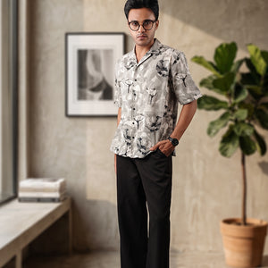 Floral - Grey & Black Cuban Collar - Short Sleeve Shirt