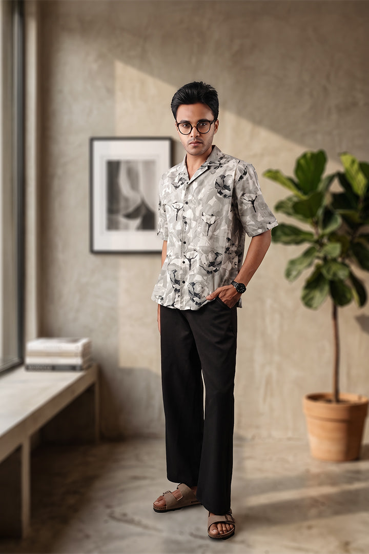 Floral - Grey & Black Cuban Collar - Short Sleeve Shirt