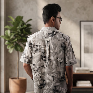Floral - Grey & Black Cuban Collar - Short Sleeve Shirt
