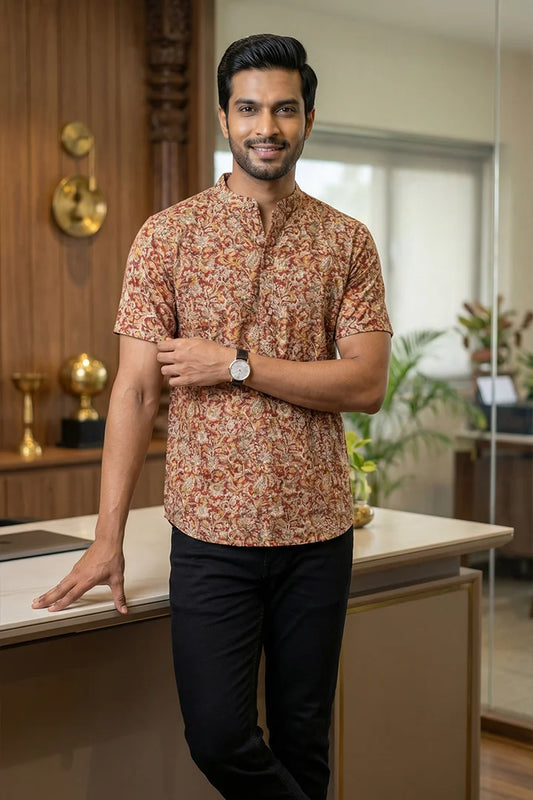 Floral - Red Chinese Collar Short Sleeve Shirt