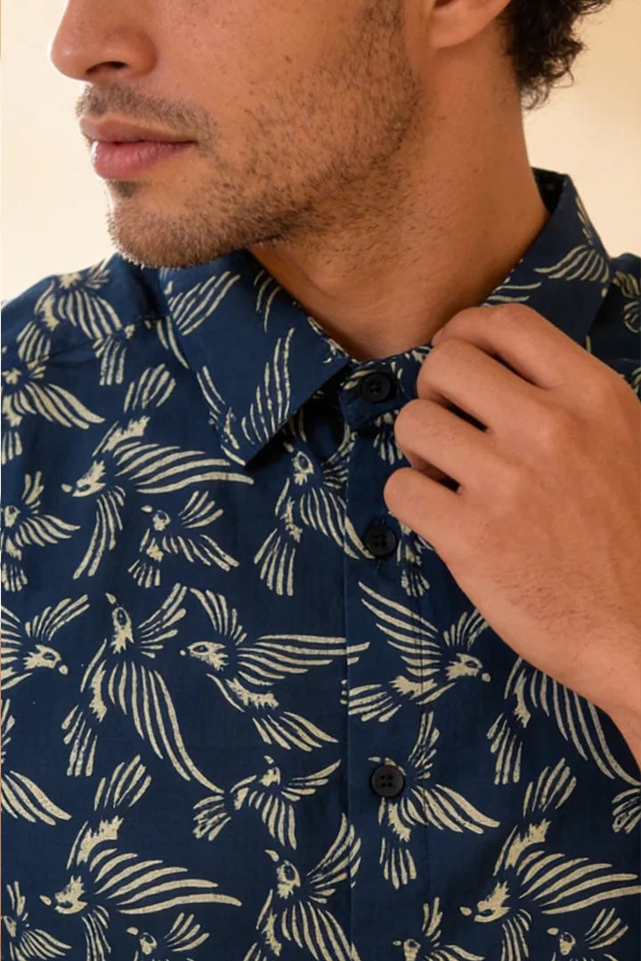 Bird in White - Blue Short Sleeve Shirt