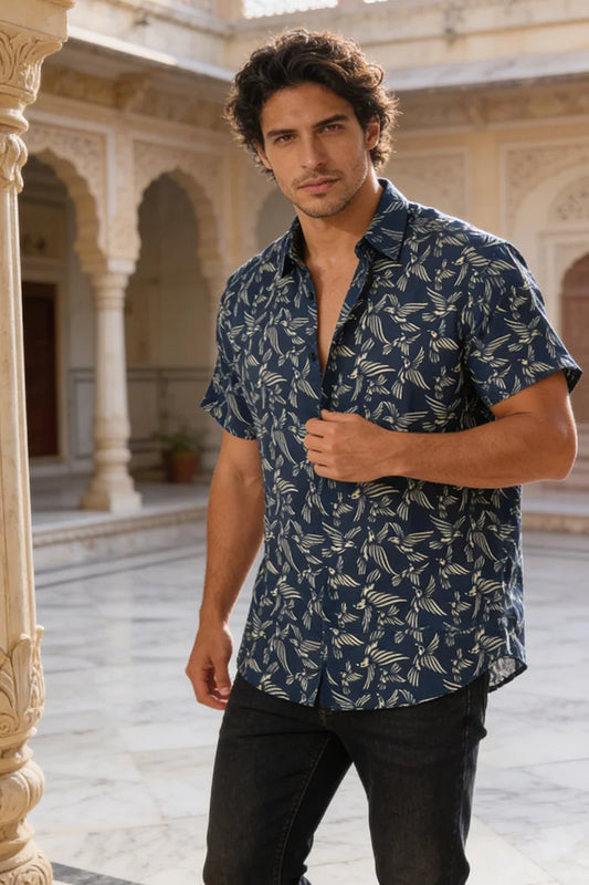 Bird in White - Blue Short Sleeve Shirt