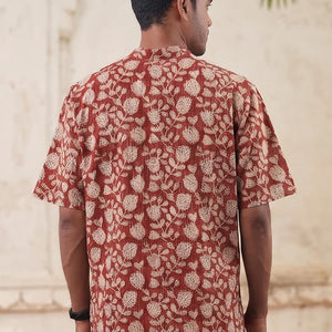 Red Floral - Short Sleeve - Chinese Collar Shirt