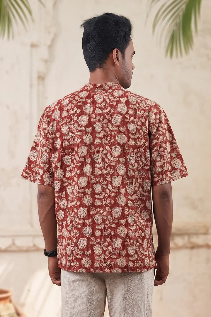 Red Floral - Short Sleeve - Chinese Collar Shirt