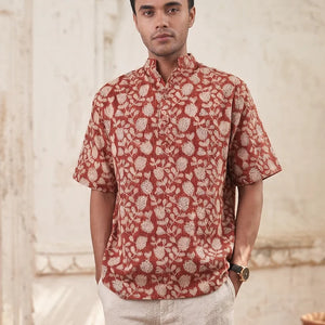 Red Floral - Short Sleeve - Chinese Collar Shirt