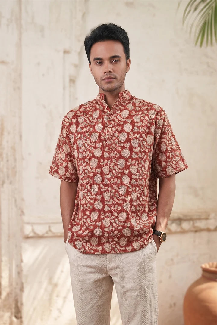 Red Floral - Short Sleeve - Chinese Collar Shirt