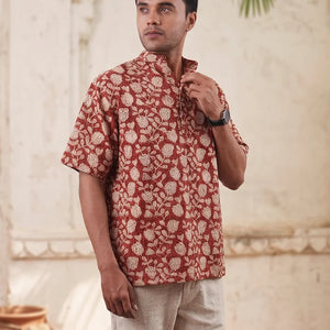 Red Floral - Short Sleeve - Chinese Collar Shirt