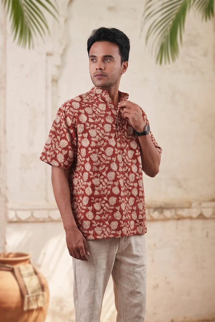Red Floral - Short Sleeve - Chinese Collar Shirt