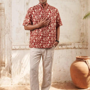Red Floral - Short Sleeve - Chinese Collar Shirt