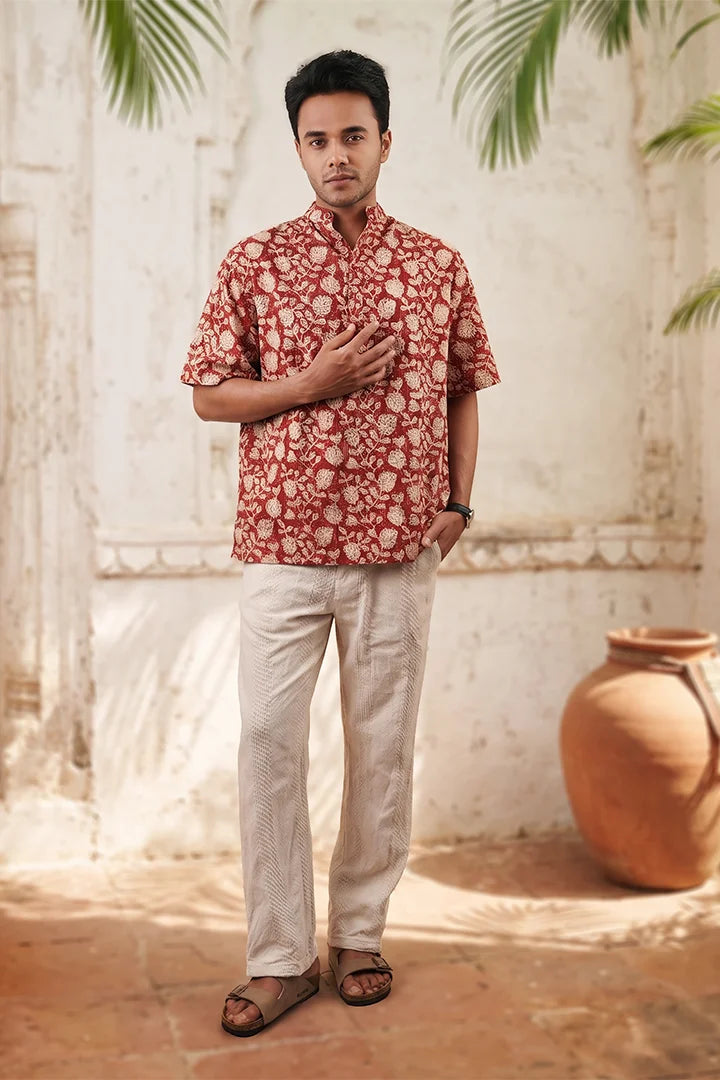 Red Floral - Short Sleeve - Chinese Collar Shirt