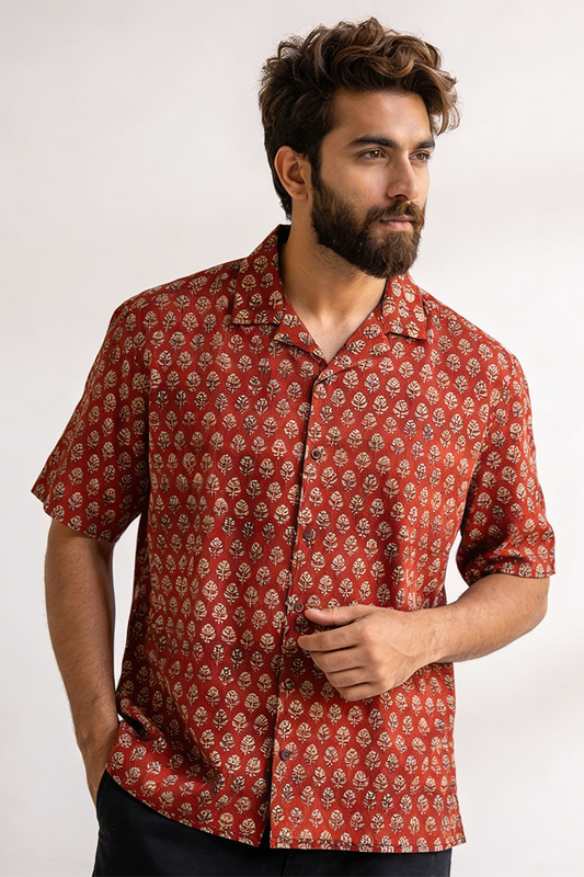 Dark Red - Floral Pattern - Cuban Collar - Short Sleeve Shirt