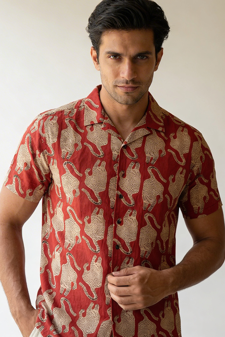 Tiger Print - Cuban Collar Red Short Sleeve Shirt
