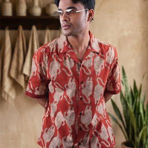 Tiger Print - Cuban Collar Red Short Sleeve Shirt