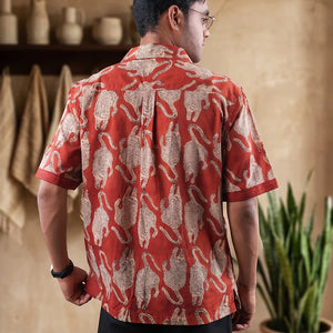 Tiger Print - Cuban Collar Red Short Sleeve Shirt