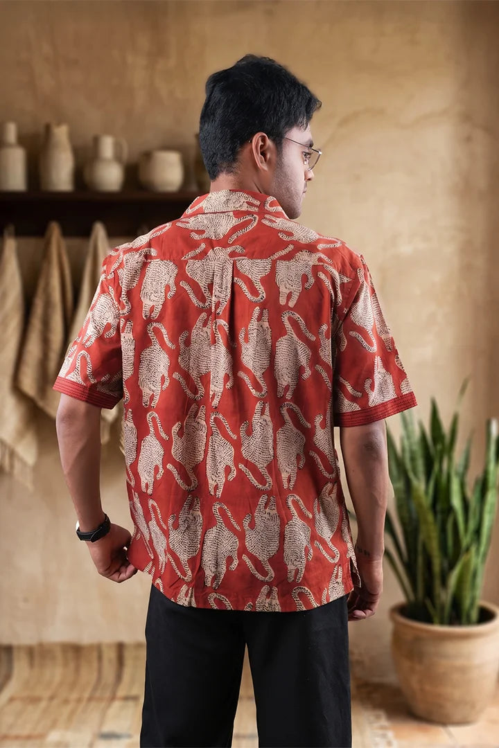 Tiger Print - Cuban Collar Red Short Sleeve Shirt
