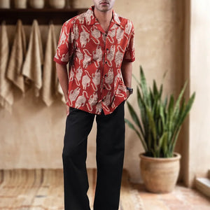 Tiger Print - Cuban Collar Red Short Sleeve Shirt