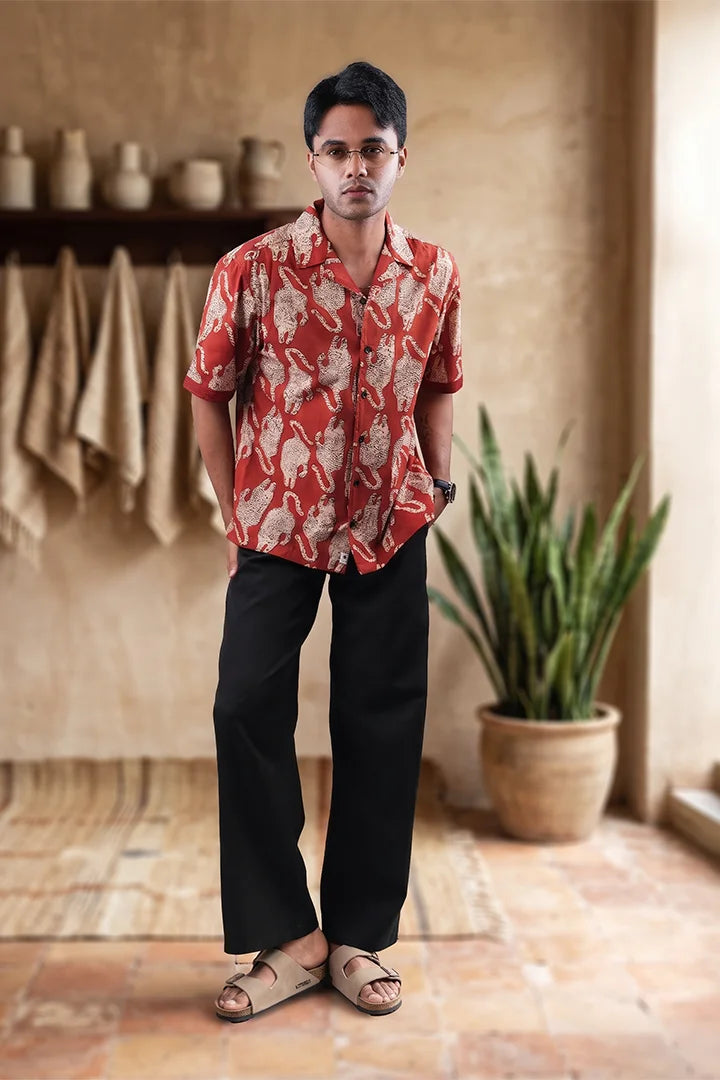 Tiger Print - Cuban Collar Red Short Sleeve Shirt